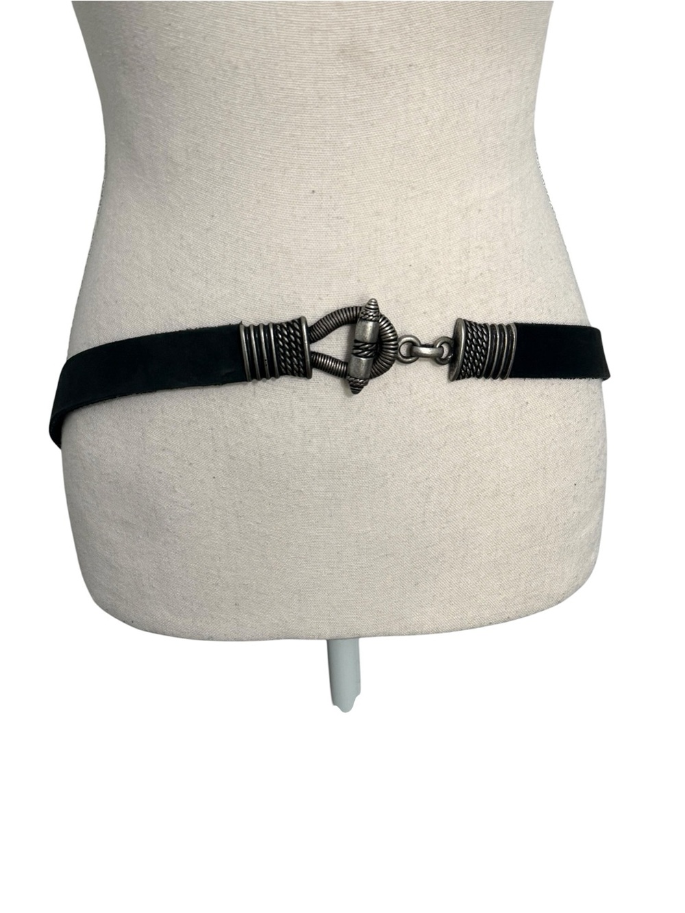 Vintage Black Suede Leather Toggle‎ Clasp Belt Silver Tone Hardware SM